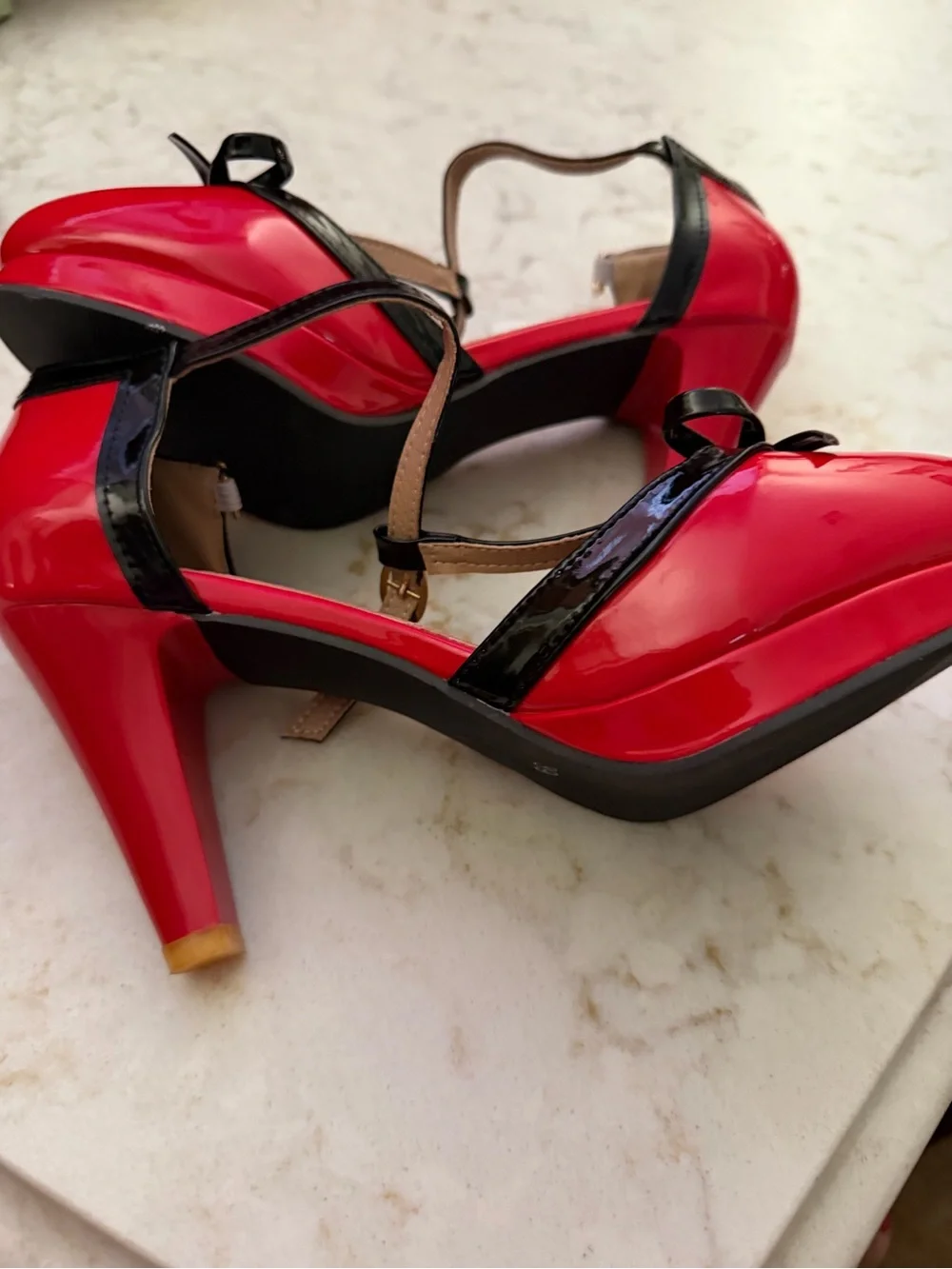 Patent Red and Black T-Strap Bow Pumps - Women